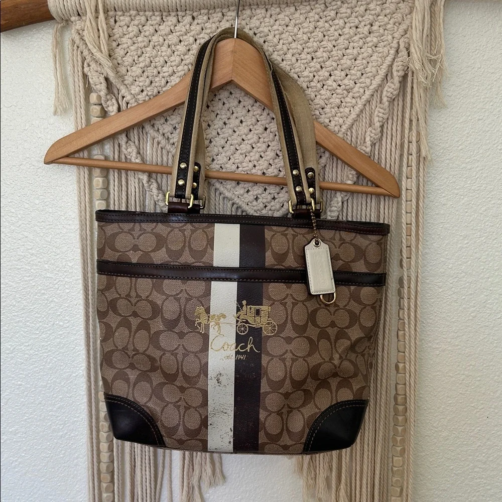 Vintage Coach Signature Chelsea Heritage Stripe Tote tan brown/ leather trim - Picture 1 of 7